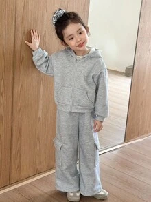 SHEIN Little Byeori 年轻女孩休闲拉链连帽夹克/口袋运动裤套装 - 灰色 - 查看 5