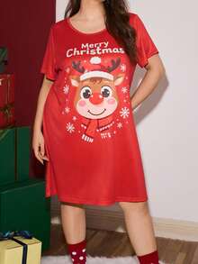 Chillnights Miss Vinta Christmas Cute Deer Print Loose Short Nightgown, Plus Size Christmas Pajamas Women Pajama Night Dress Women Nightdress Short Night Gown Plus Sleep Dress