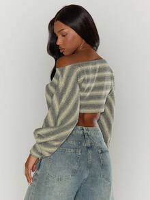 MUSERA 露脐不对称肩宽灯笼袖条纹针织上衣，适合性感外出、夜生活、可爱约会、舒适优雅的假期穿着，春夏皆宜。 - 彩色 - 查看 4