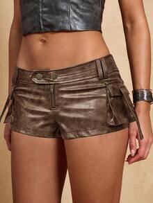 SHEIN BAE 女式 PU 皮革前拉链工装口袋时尚短裤 - 棕色 - 查看 3