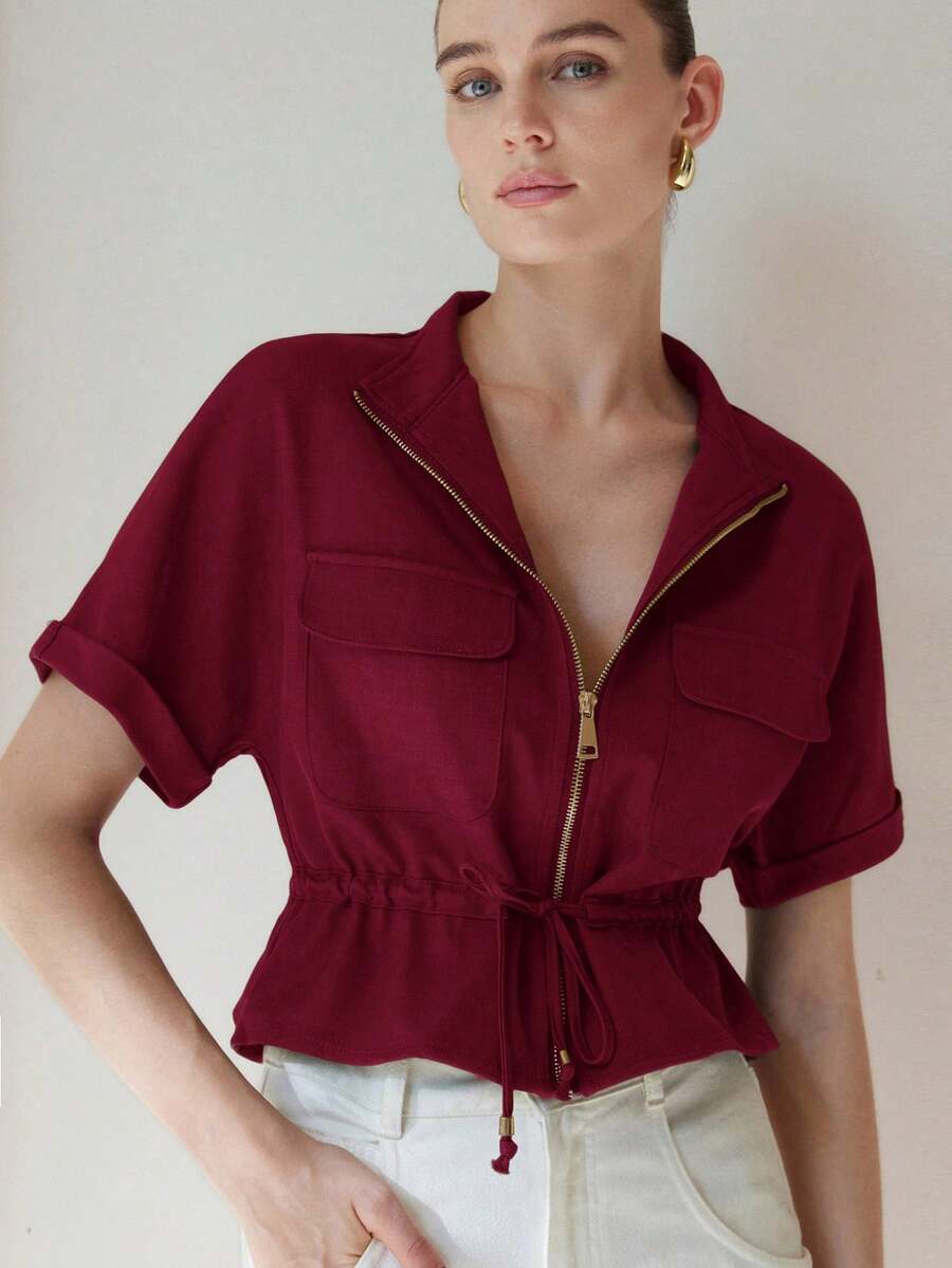 Aveloria Modichic Fashionable Short Utility Short Sleeve Top, With Two Symmetrical Chest Pockets, Cinched Waist Design, Overall Neat And Practical - Red Violet - View 1