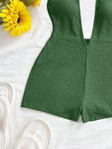 Soleia Women's Vacation White Knit Textured Wavy Pattern Deep V Neck Backless Sexy Bodysuit, Fashionable Fitted For Party, Date, Afternoon Tea, Boho Vacation, Beach, Summer Outfit Green - Olive Green - View 4