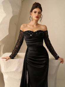 Coutiva 优雅奢华的串珠亮片网眼拼布大腿高开衩荷叶边美人鱼裙，适合婚礼、单身派对、度假、庆典、正式活动（装饰版）、毕业典礼， - 黑色 - 查看 7