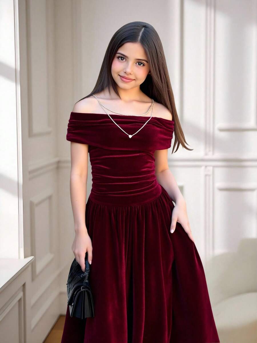Elegant Burgundy Velvet Patchwork Ruffle Hem Off Shoulder Dress, Party/Formal Gown For Teen Girls, Suitable For Christmas, Halloween, New Year Elegant Teen Dress Velvet Dress Evening Wear Teen - Burgundy - View 1