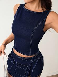 SHEIN PETITE Women's Fashionable Sexy Backless Sleeveless Denim Top - Dark Wash - View 5