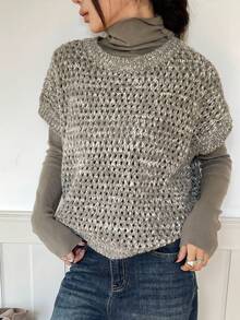 DAZY 女士宽松商务休闲优雅圆领针织毛衣背心两件套，秋冬 - 軍綠色 - 查看 7