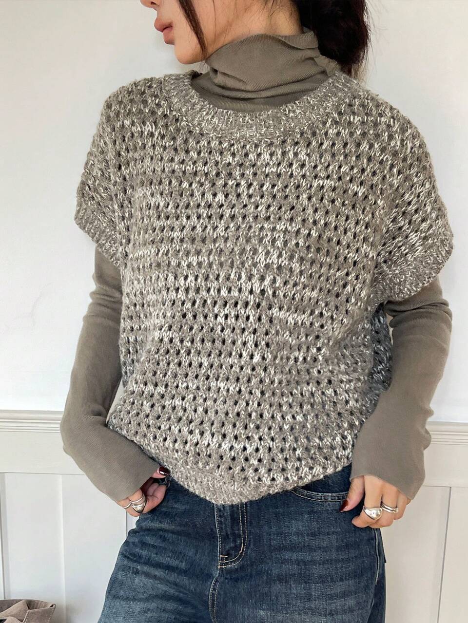 Women's Loose Business Casual Elegant Round Neck Knit Sweater Vest Two Pieces Set, Autumn/Winter