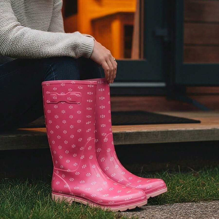 Bota De Lluvia Impermeable Para Dama 1515 Line/Rosa  Rosa B, duraderas y resistentes al desgaste, antideslizantes, aptas para días lluviosos y soleados, diseño de suela antideslizante para mayor tracción, fácil de limpiar, diseño de punta redonda para comodidad del pie, material suave para un uso cómodo - Rosa Fucsia - Ver 1