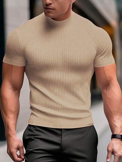 Manfinity Homme Men's Casual Solid Color Stand Collar Short Sleeve T-Shirt, Summer Tight Neck T Shirt Men Tan Tops Men Summer Turtle Neck Men Short Sleeve Turtleneck Men
