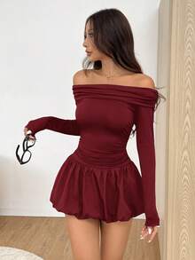 SHEIN EZwear 秋季女士酒红色不对称荷叶边迷你连衣裙，适合春秋季穿着 - 酒紅色 - 查看 5