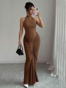 Elenzga Women's Black & White Color Block Halter Neck Cinched Waist Fishtail Hem Elegant Dress, Suitable For Commuting And Daily Wear