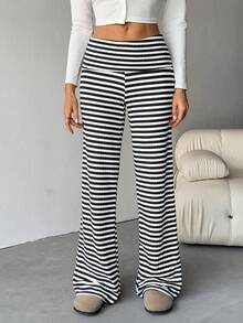 SHEIN Tall Quần thể thao cạp gấp, quần ống loe kẻ sọc thường ngày cho nữ - Đen và trắng - Xem 4