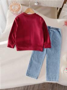 SHEIN Genkimix Kids 2 件女童休闲甜美圆领灯笼袖宽松纯色蝴蝶结运动衫和松紧腰直筒牛仔裤套装，适合返校季 - 酒紅色 - 查看 2