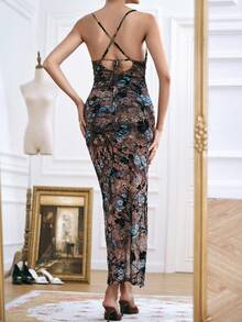 SHEIN Unity Elegant Knitted Flocked Spaghetti Strap Draped Neck Slit Fitted Maxi Bodycon Dress For Party - Multicolor - View 2
