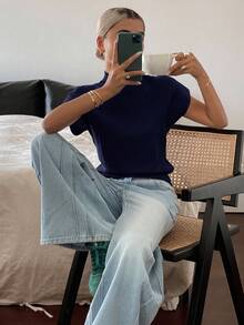 Livesso 女式纯色立领蝙蝠袖短袖休闲针织上衣，秋季 - 藏蓝色 - 查看 5