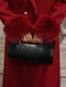 Juhart 圣诞节加大码女式纯色翻领长袖双排扣口袋优雅冬装外套，中长款收腰高档夹克 - 酒紅色 - 查看 9