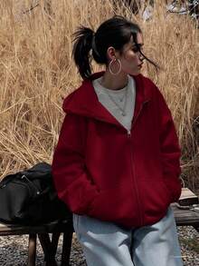 INAWLY Solva Women's Casual Loose Solid Color Zip-Up Sweatshirt - Red - View 2