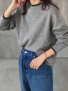 FRIFUL 女士撞色圆领落肩长袖宽松休闲套头衫，秋季 - 灰色 - 查看 6
