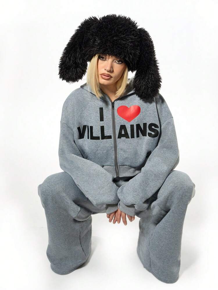 SUMWON sweat-shirt à capuche zippé en polaire avec imprimé "I Love Villains" pour femmes, streetwear casual