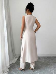 Selianne Elegant Daily Casual Sleeveless Long Top With Tie String V-Neck & Wide Leg Long Pants 2 Pieces Set For Young Women, Spring/Summer - Khaki - View 2