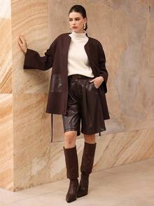 Modelyn 优雅落肩仿皮拼接长袖外套，时尚高品质，秋冬款 - 巧克力棕 - 查看 9