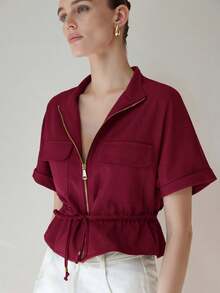 Aveloria Modichic Fashionable Short Utility Short Sleeve Top, With Two Symmetrical Chest Pockets, Cinched Waist Design, Overall Neat And Practical - Red Violet - View 5