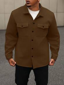 Manfinity Homme Plus Size Men's Solid Long Sleeve Shacket, Light Color - Brown - View 3