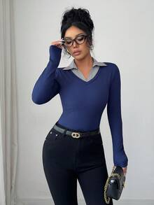 Rafferiza Women's Elegant Contrasting Neckline Splicing Tight Elastic Casual Versatile Fashion Design Long-Sleeved Autumn Fake Two-Piece T-Shirt Ladies Casual T-Shirt Tops Ladies Going Out Tops Bottoming Pullover T-Shirt