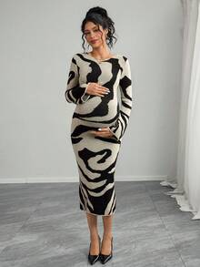 Momance Maternity Elegant Knitted Bodycon Dress With Graphic Print, Round Neck, Long Sleeve, Autumn/Winter