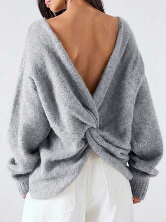 LYSMO Women's Autumn/Winter Fashion Gray Twist Back Loose Plus Size Sweater, Casual Elegant Women's Clothing Suitable For Outings, Back To School, Graduation, Streetwear And Stockholm Style