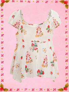 Strawberry Shortcake X SHEIN Áo lưới cổ tròn tay ngắn họa tiết dâu tây phong cách Y2K ngọt ngào dễ thương cỡ lớn cho nữ, mùa thu - Màu be - Xem 2
