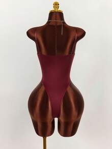 Amplova Bộ đồ liền thân khoét lỗ gợi cảm màu trơn dành cho nữ - Màu Đỏ Sâu - Xem 2