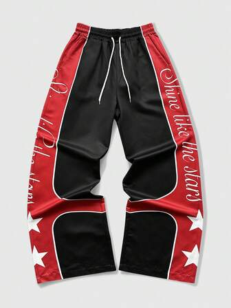 Street Life Men's Contrast Color Patchwork Letter Print Drawstring Waist Pants, Fall