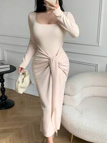 SHEIN LUNE 女士优雅通勤纯色系带修身长裙 - 杏色 - 查看 5