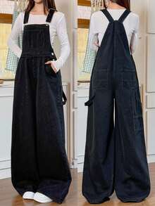 Rivivi 女式休闲水洗阔腿牛仔背带裤 - 黑色 - 查看 1