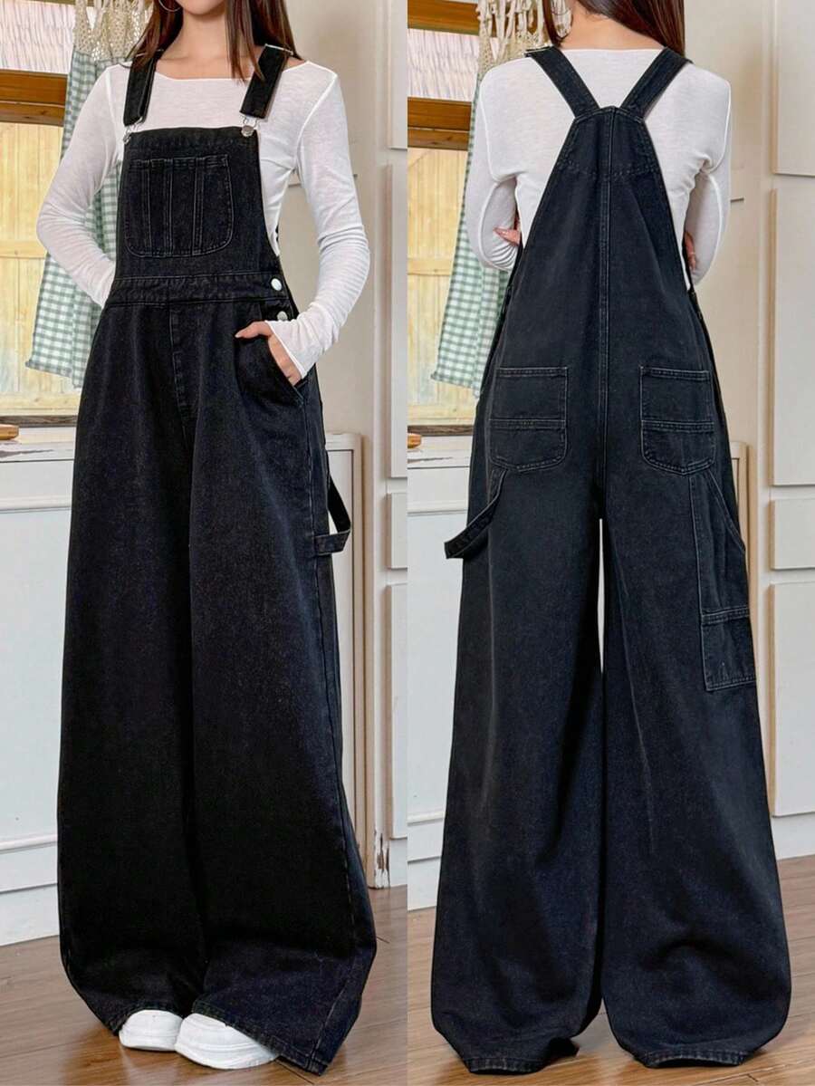 Rivivi 女式休闲水洗阔腿牛仔背带裤 - 黑色 - 查看 1