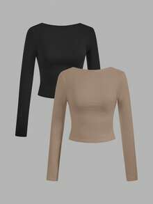 SHEIN EZwear 2pcs Casual Sexy Solid Color Versatile Backless Round Neck Long Sleeve Cropped Fitted Women T-Shirts, Suitable For Spring/Autumn - Multicolor - View 1