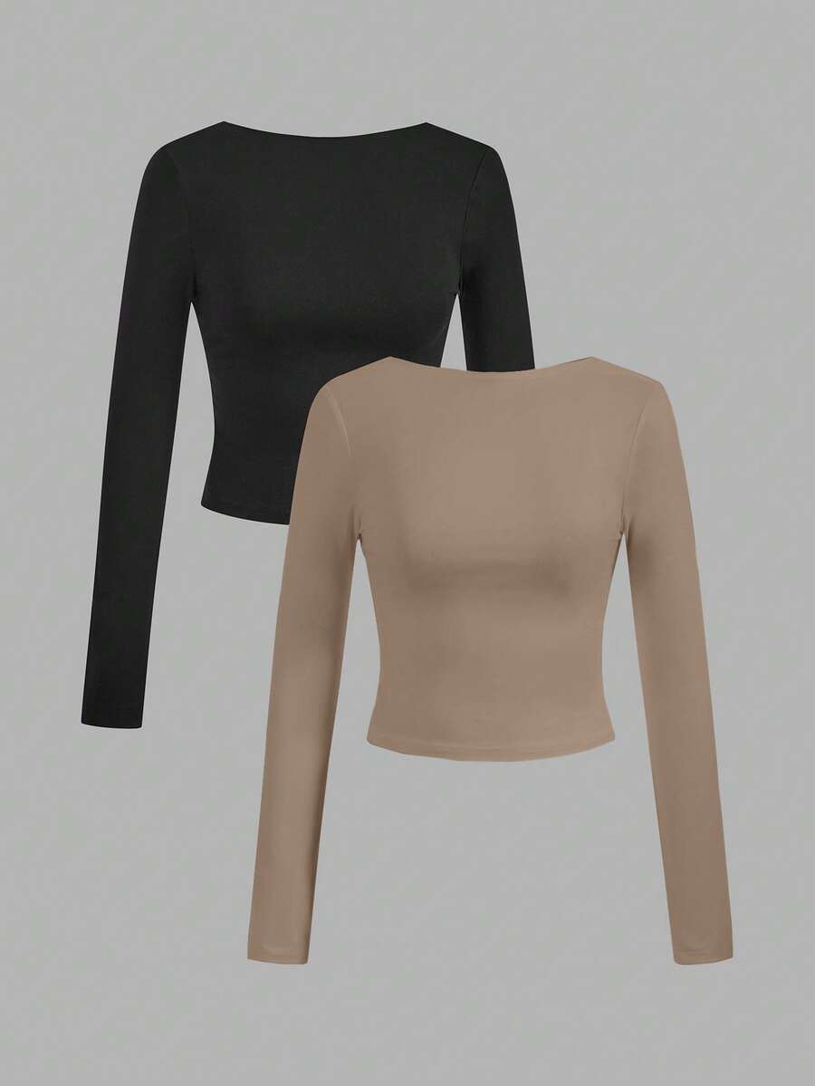 SHEIN EZwear 2pcs Casual Sexy Solid Color Versatile Backless Round Neck Long Sleeve Cropped Fitted Women T-Shirts, Suitable For Spring/Autumn - Multicolor - View 1