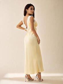 SHEIN PETITE Váy dài bằng vải satin giả satin cao cấp cho nữ, thích hợp cho ngày lễ tình nhân, váy dự tiệc, váy lễ hội âm nhạc, váy phù dâu cưới, váy dạ hội, váy ngày lễ, váy màu vàng, váy lót mùa thu đông, trang phục dự tiệc, trang phục hẹn hò - Màu vàng - Xem 2