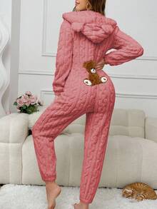 Snug Zone 女士动物连帽泰迪熊刺绣提花毛绒蓬松睡衣连体衣，冬季舒适 - 粉色 - 查看 2