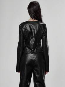 MUSERA V领极致镂空系带拉链仿皮夹克 冬季街头风 酷炫夜出日常性感玛瑙色 情人节 - 黑色 - 查看 2