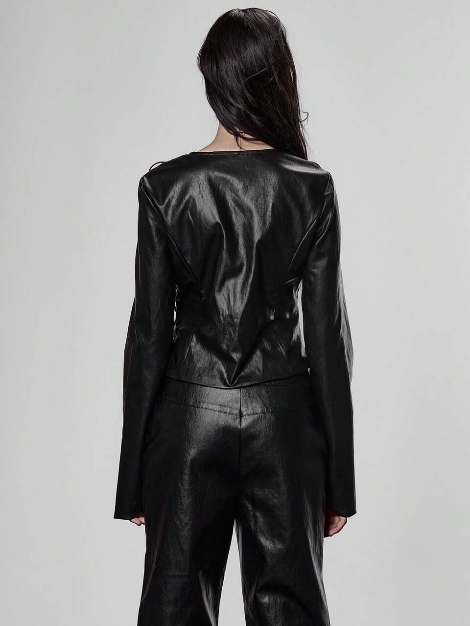 Black Faux Leather V-Neck Extreme Eyelet Lace Up Front Zip Through Jacket