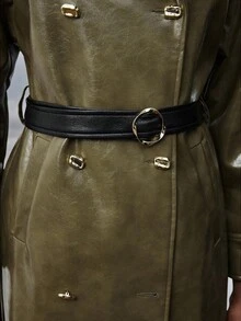 Maija 女士秋季撞色翻领长袖双排扣PU皮长款风衣，外出 - 軍綠色 - 查看 4