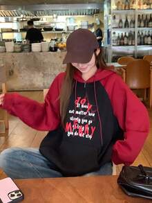 DAZY Sudadera con capucha de manga raglán para mujer, estilo coreano - Rojo - Ver 8