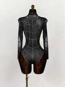 Y2K Amplova 女式蜘蛛印花长袖立领紧身衣，深色时尚风格女式紧身衣万圣节紧身衣蜘蛛网紧身衣 - 黑色 - 查看 6