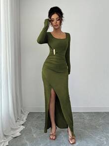Selianne Đầm midi dự tiệc cổ vuông tay dài thanh lịch, cao cấp, khóa kim loại, eo nhún, viền bất đối xứng, dành cho nữ, mùa thu - xanh quân đội - Xem 7
