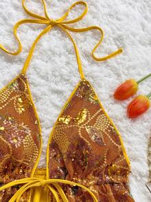 Soleia Women's Y2K Sequin Waist Tie Open Slit Sexy Fashion Halter Neck Camisole - Orange - View 7