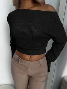 Aloruh New Fashionable Asymmetric-Shoulder Casual Striped Long Sleeve T-Shirt, Asymmetric Shoulder Design, Loose Top, Tight Bottom, Slimming, Apricot Color,Black Top