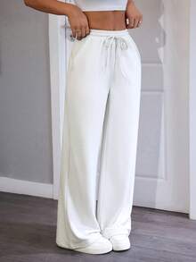 SHEIN PETITE 舒适休闲纯色针织阔腿女式运动裤 - 白色 - 查看 5