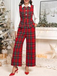 Ellevyn 女士圆领无袖红色格子开衫背心和直筒裤优雅装扮，适合日常穿着、节日、秋冬、圣诞节，两件套 - 彩色 - 查看 9